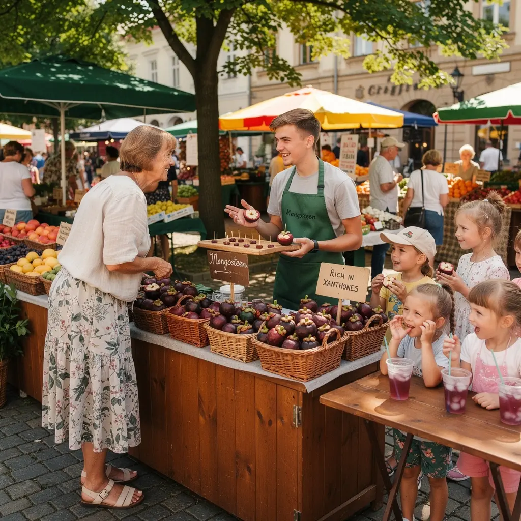 Mangostano vaisiai, supakuoti į gražią dėžutę, demonstruojantys jų natūralų grožį ir sveikatingumo naudą.