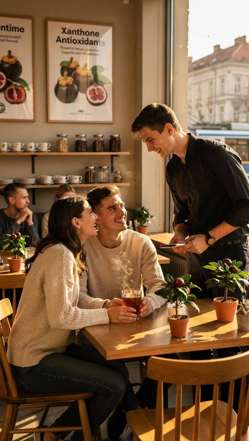 Mangostano arbatos puodelis, išsiskiriantis ryškiai violetine spalva ir šviežiu aromatu, stovi ant medinio stalo.