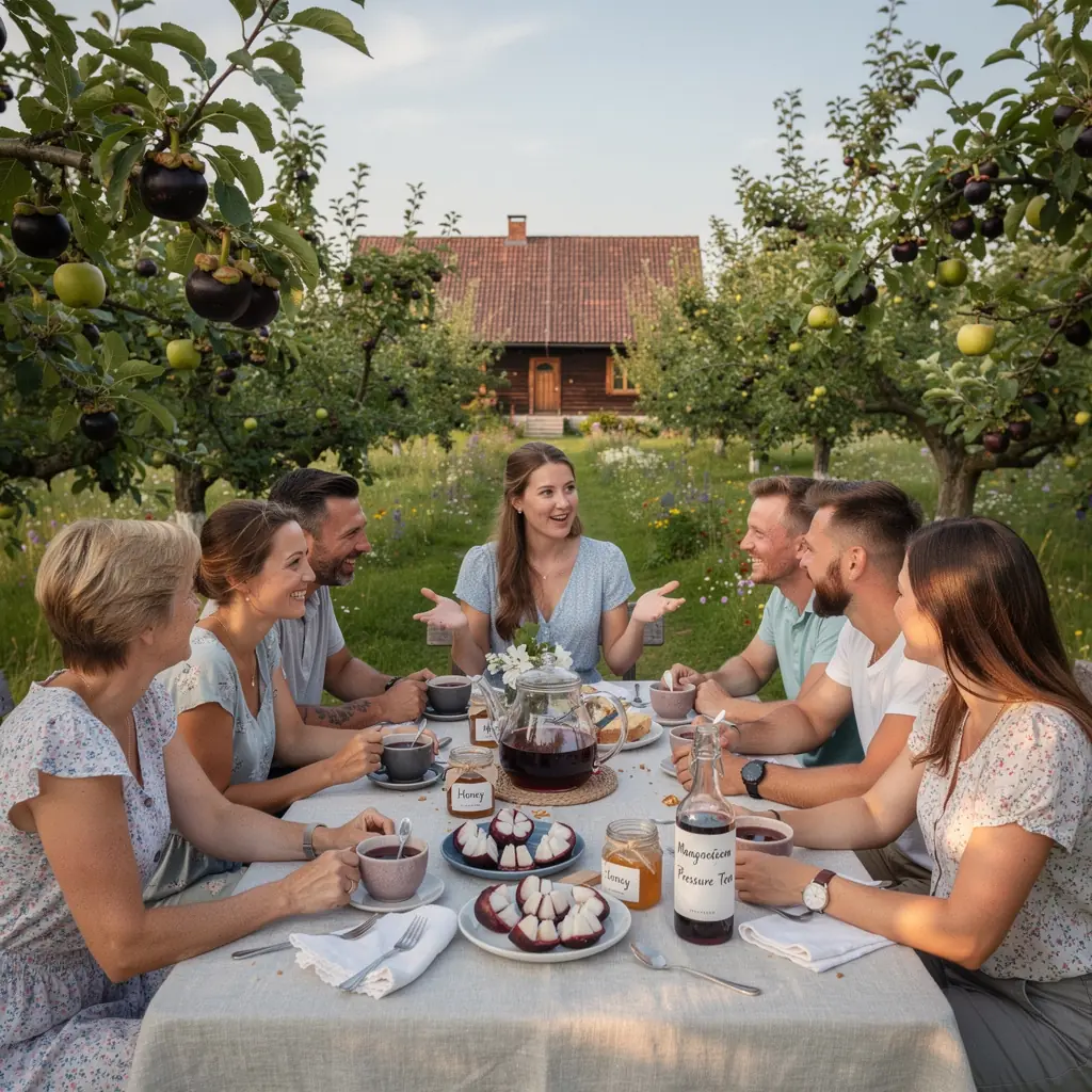 Mangostano arbatos pakuotė su šviežiais vaisiais ir žaliosios arbatos lapais.