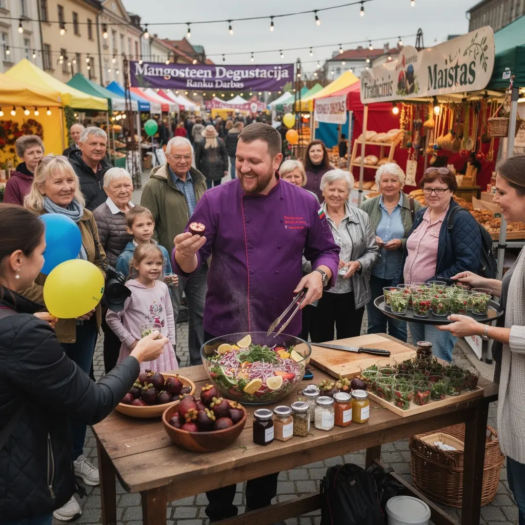 Mangostano arbatos puodelis su šviežiais vaisiais fone.