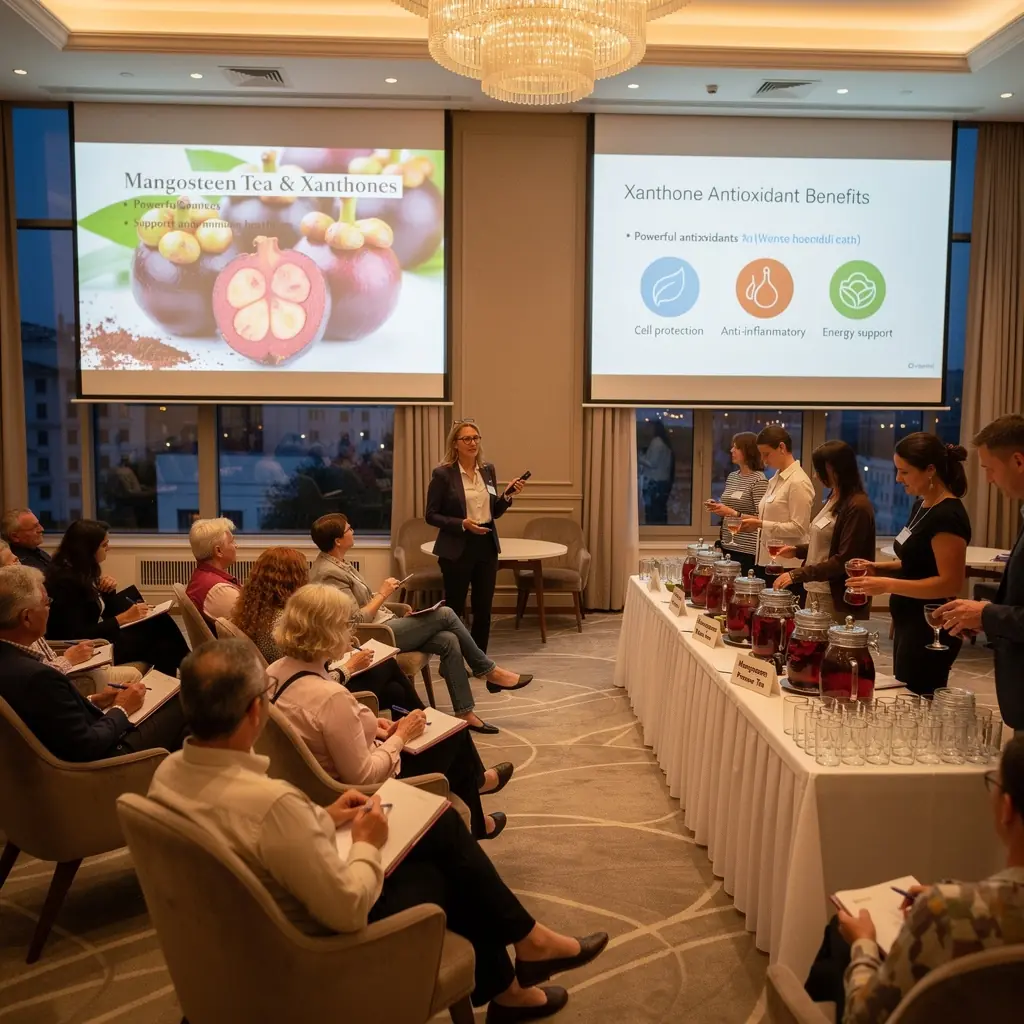 Žalia arbata su mangostanu, pilna antioksidantų, patiekiama šviežiai užvirinta, su citrinos riekelėmis šalia.