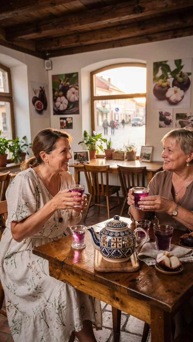 Mangostano vaisiai, supjaustyti per pusę, atskleidžiantys jų sultingą ir aromatingą vidų.