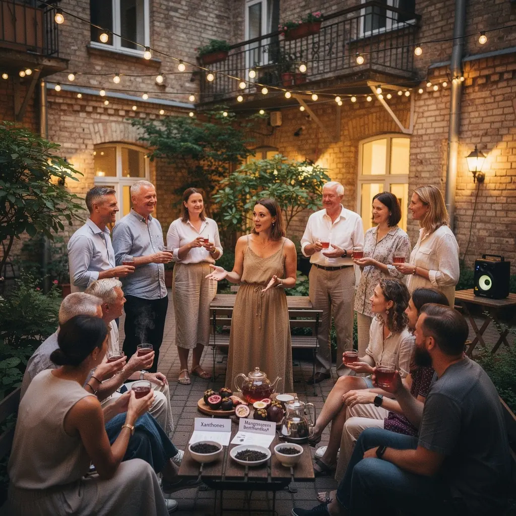 Mangostano vaisiai ir lapai, pateikti ant medinio stalo, su šilta arbata šalia.