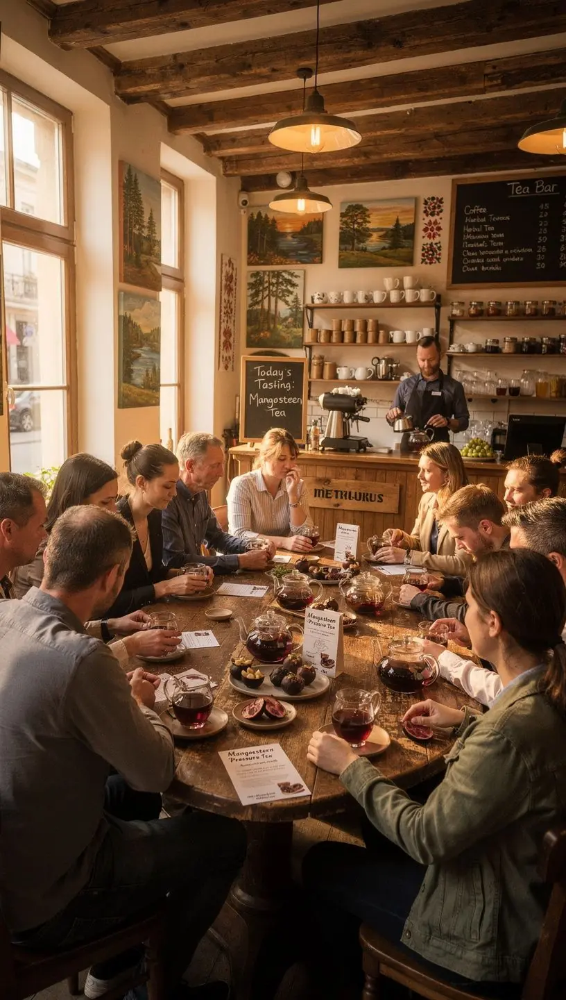 Šviežias mangostanas, supjaustytas per pusę, rodo vidinių vaisių tekstūrą ir spalvą.