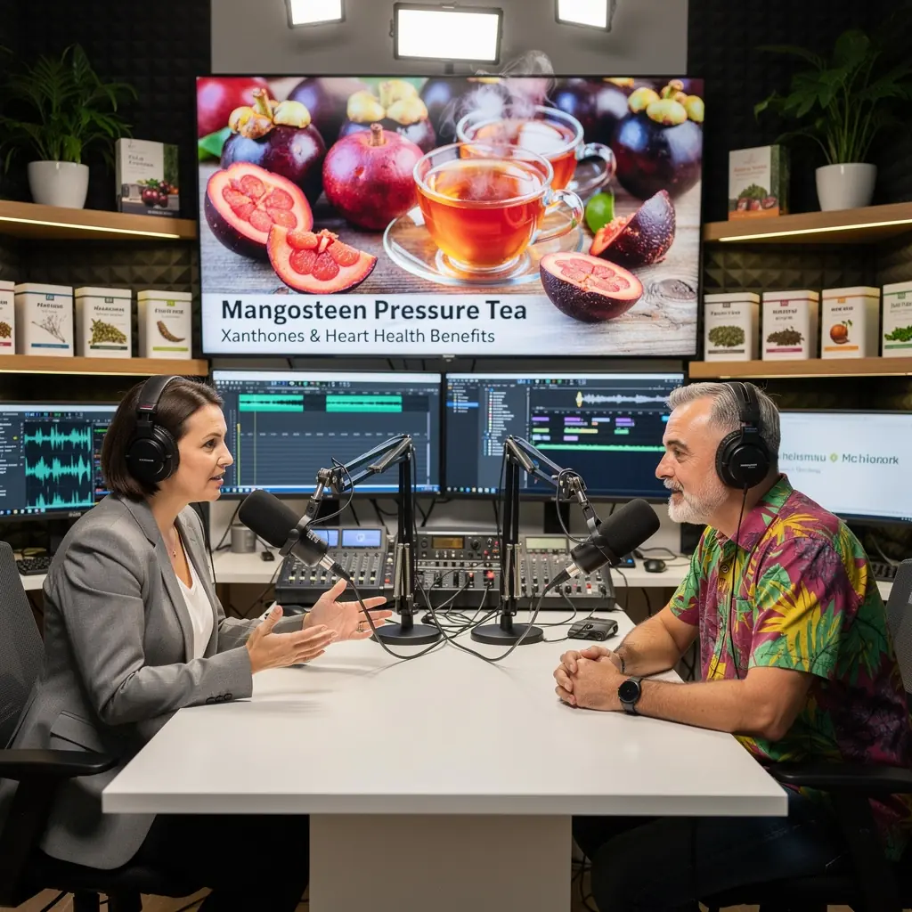 Arbatos infuzija, kurią puošia mangostano griežinėliai, demonstruojanti jos natūralumą ir gaivumą.