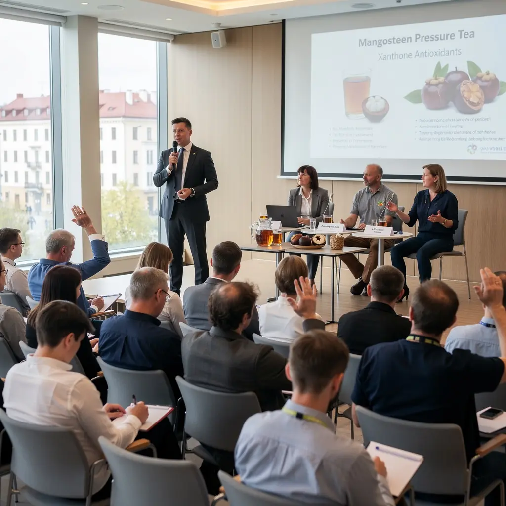 Mangostano arbatos puodelis, pilnas kvapnių lapelių ir vaisių, simbolizuojantis sveikatą.